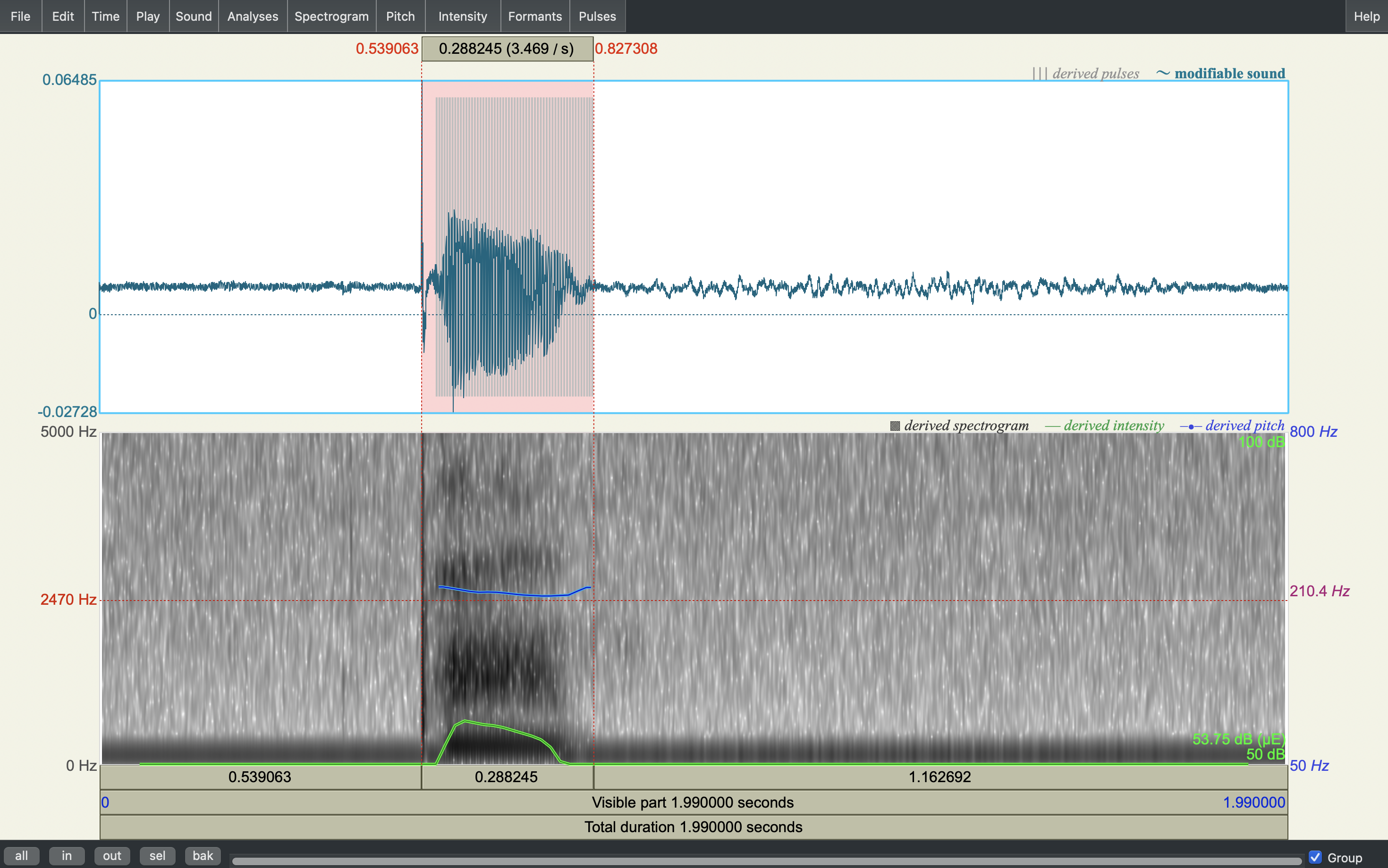 An audio file containing PA syllable opened in Praat: sound duration = 288 ms, region of interest min duration = 10 ms.